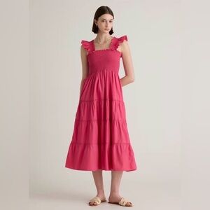 Quince Fuchsia Pink Tiered Midi Dress with Ruffle Straps